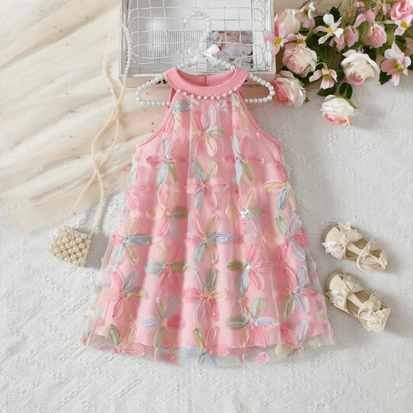Girls Pink Appliqué Flower Dress
