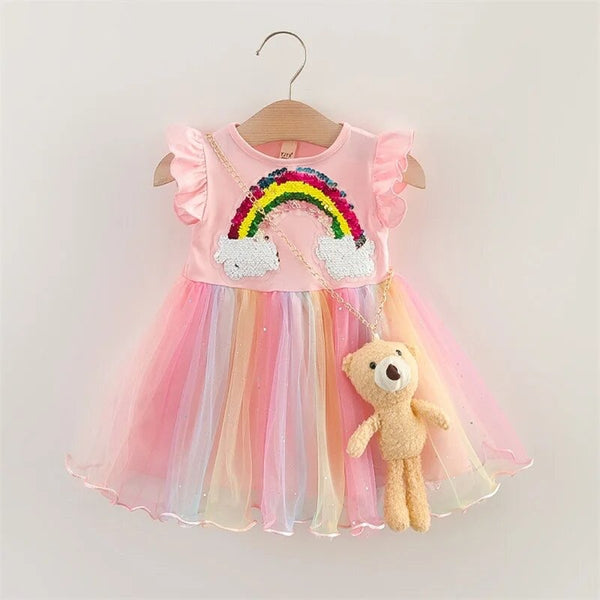 Girls Rainbow Motif Princess Dress with Teddy Bear Chain