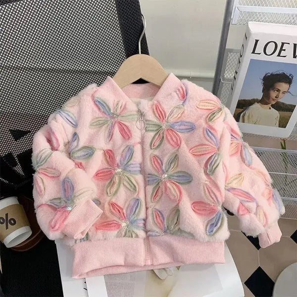 Girls Floral Plush Winter Jacket