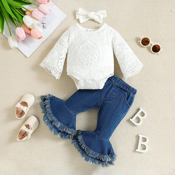 Baby Self Design Solid Romper, Ruffled Jeans With Headband