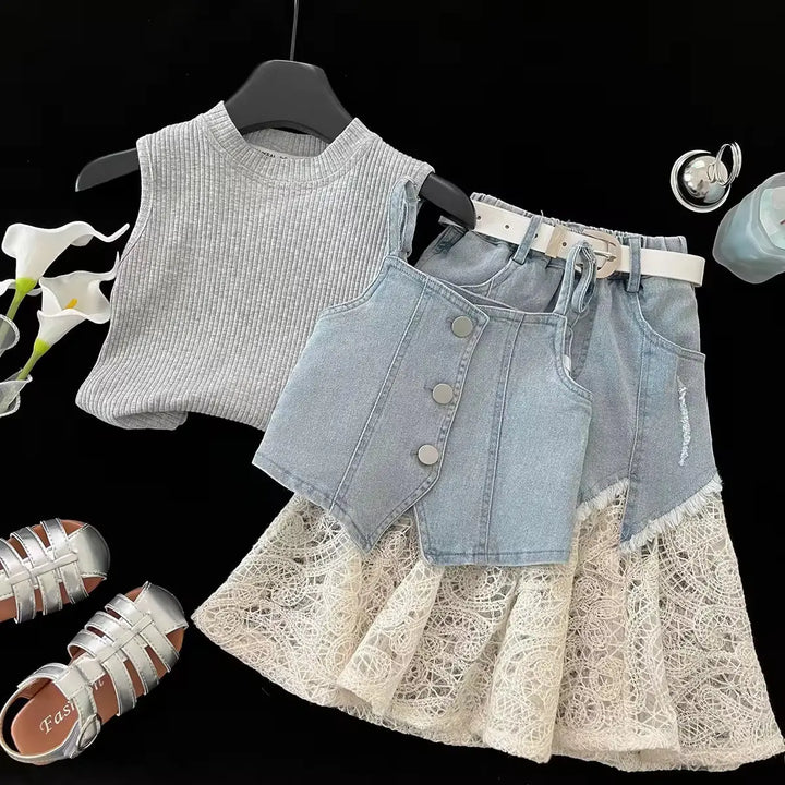 Girls Denim-Lace Co-ord Set TrendyKid