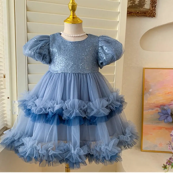 Girls Frill Sequin Ruffle Blue Dress