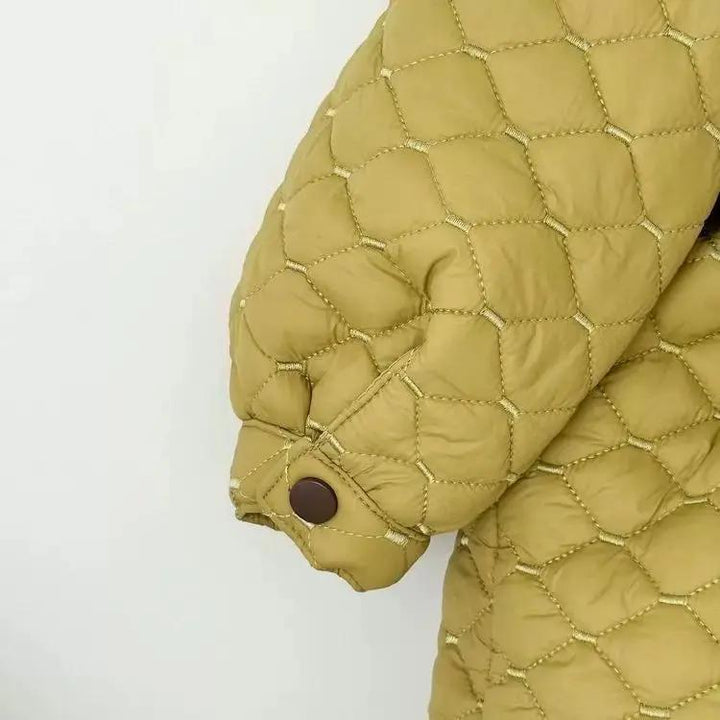 Girls Olive Quilted Winter Coat with Brown Ruffle Belt TrendyKid