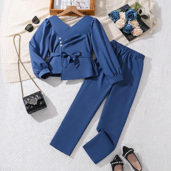 Girls Stylish Blue Belted Top & Pants Set