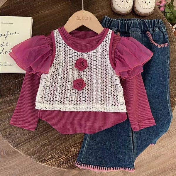 Girls Purple Top And Jeans Set
