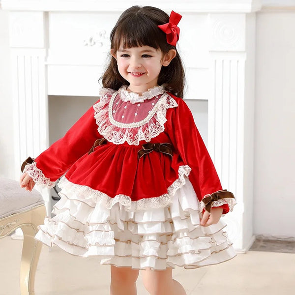 Girls Party Wear Ruffled Red Velvet Bow Dress