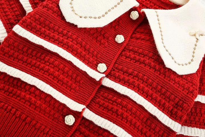 Girls Cherry Red Knit Co-ord Set with Peter Pan Collar TrendyKid