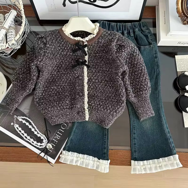 Girls Bow Detail Sweater And Jeans Set