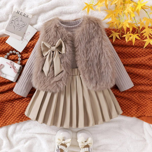 Girls Brown Fur Jacket with Knitted Top And Pleated Skirt