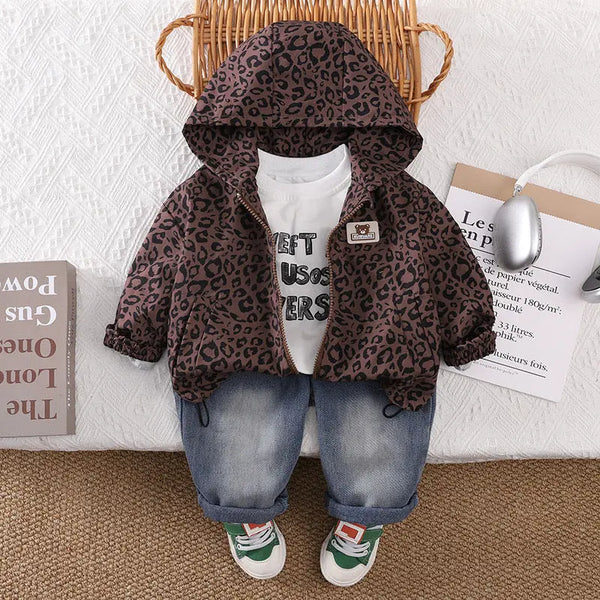 Boys Leopard-Print Hoodie With T-shirt And Denim Set