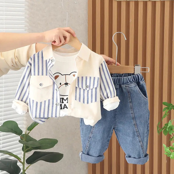 Boys Striped Shacket With T-Shirt And Jeans 3 Pcs Set