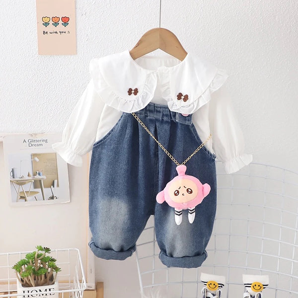 Girls White Top With Dungaree 2 Pcs Set