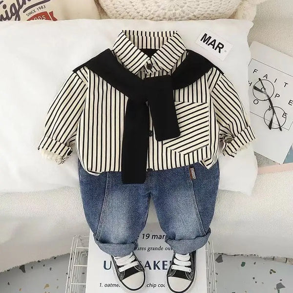 Boys Striped Shirt With Attached Black Muffler And Jeans Set