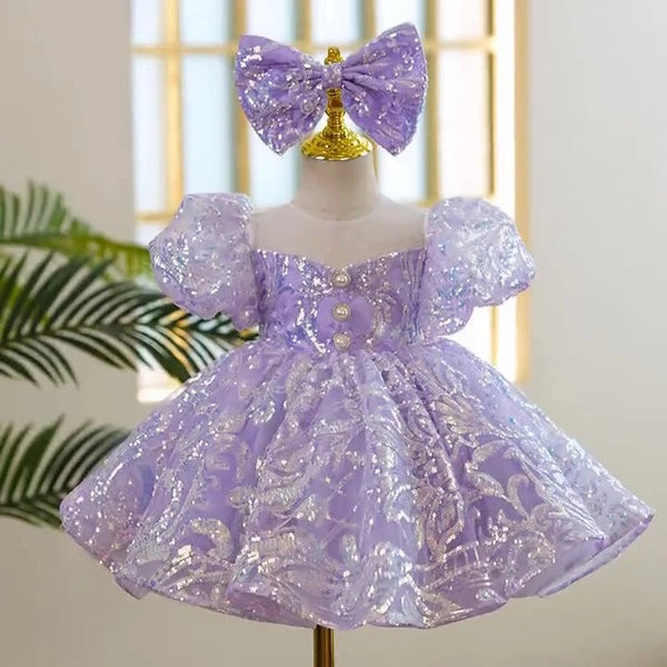Girls Purple Sequins Party Wear Dress With a Bow