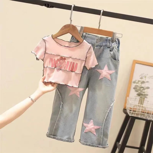 Girls Printed Top And Star Patchwork Jeans 2 Pcs Set