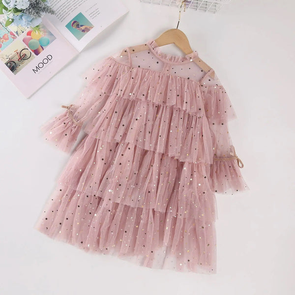 Girls Star Embellished Party Layered Ruffle Dress