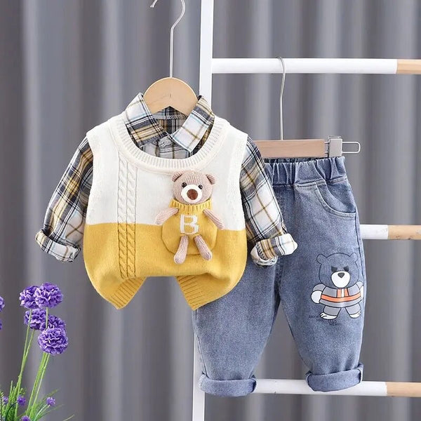 Boys Colour Block Sweater Plaid Shirt and Jeans 3 Pcs Set