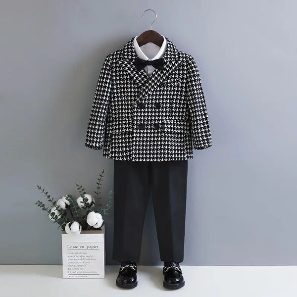 Boys Black Plaid Suit 4 Pcs Set