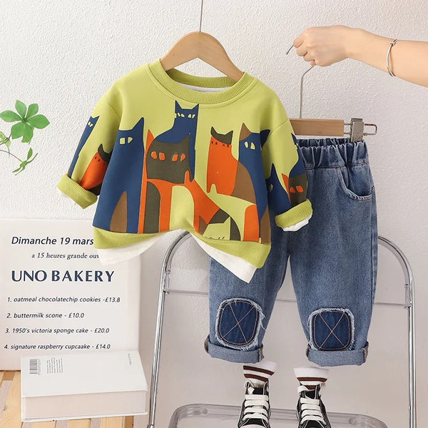 Boys Green Sweatshirt And Jeans 2 Pcs Set