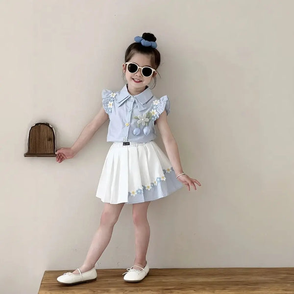 Girls Flower Motifs Top And White Skirt Set