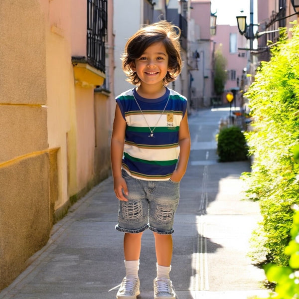 Boys Striped Tank And Ripped Shorts Set