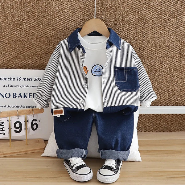 Boys Striped Shirt Printed t-shirt And Jeans Set