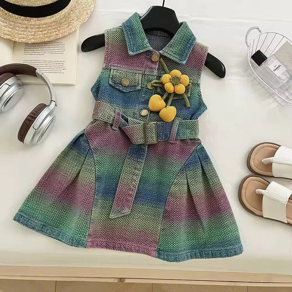 Girls Ombre Belted Denim Dress