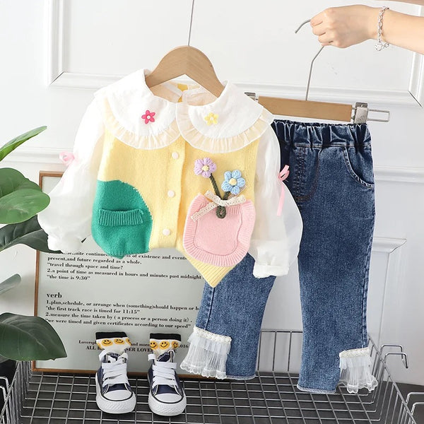 Girls Designer Sweater With Top And Jeans 3 Pcs Set