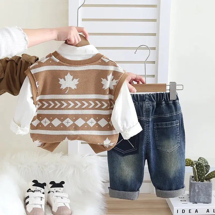 Boys Autumn Stylish Sweater & Denim Set with Shirt & Bunny Tie TrendyKid