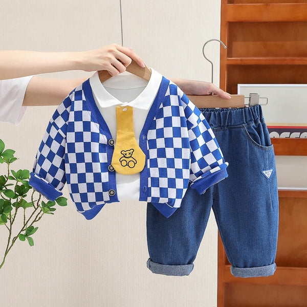 Boys Checkered Sweater With Shirt And Jeans 3 Pcs Set