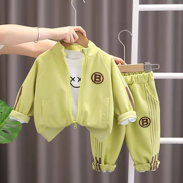 Boys Stylish Lime Green Tracksuit Set with Jacket and Smiley Tee