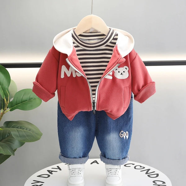 Boys Bear-Themed Red Hoodie Set with Striped Tee and Denim Pants