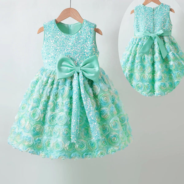 Girls Green Sequins 3D Flower Party Dress