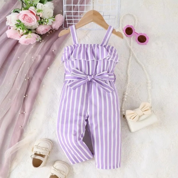 Girls Purple Striped Jumpsuit