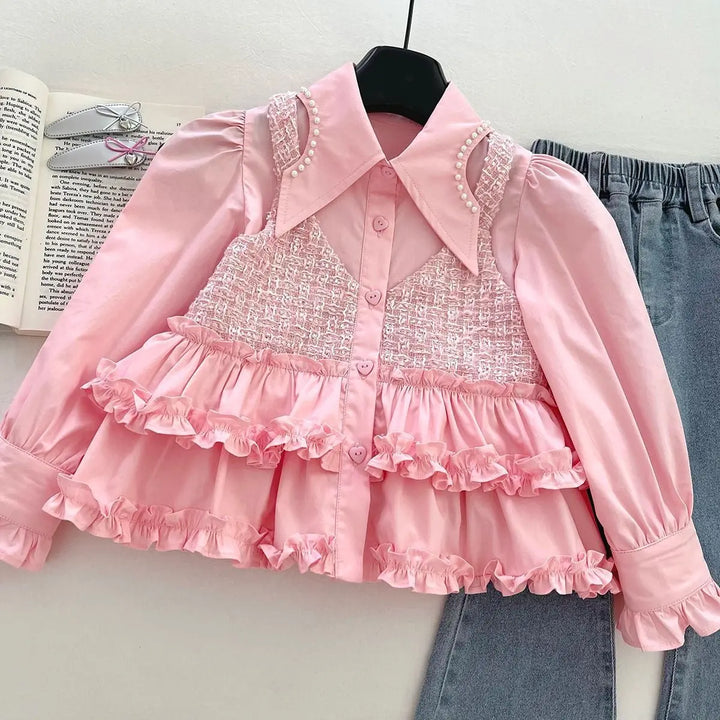 Girls Pink Ruffle Shirt And Denim Set TrendyKid