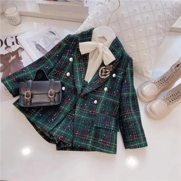Girls Blazer Party Outfits Girls Green Tweed Party Wear Set