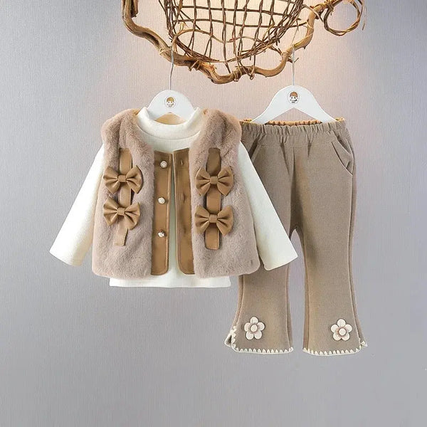 Girls Faux Fur Bow Jacket White Knit Top And Embellished Pants TrendyKid