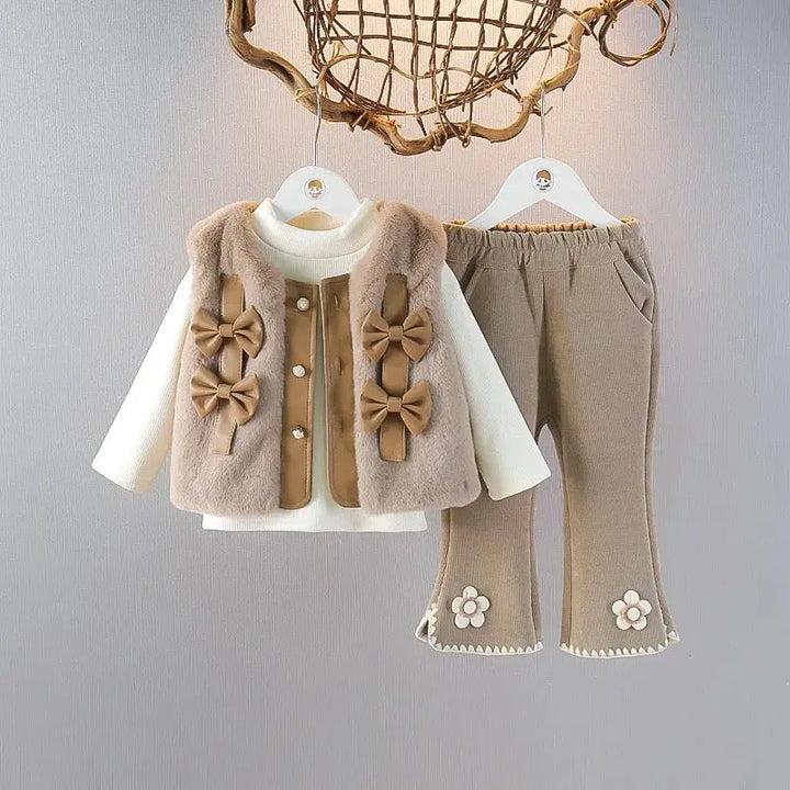 Girls Faux Fur Bow Jacket White Knit Top And Embellished Pants TrendyKid