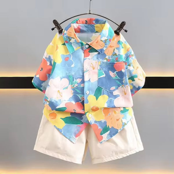 Boys Floral Shirt With White Shorts 2 Pcs Set