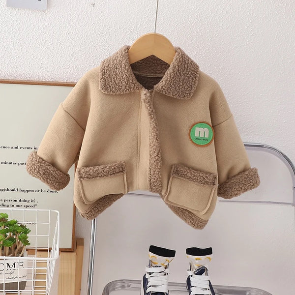 Boys Wool Beige Fleece Zipper Coat