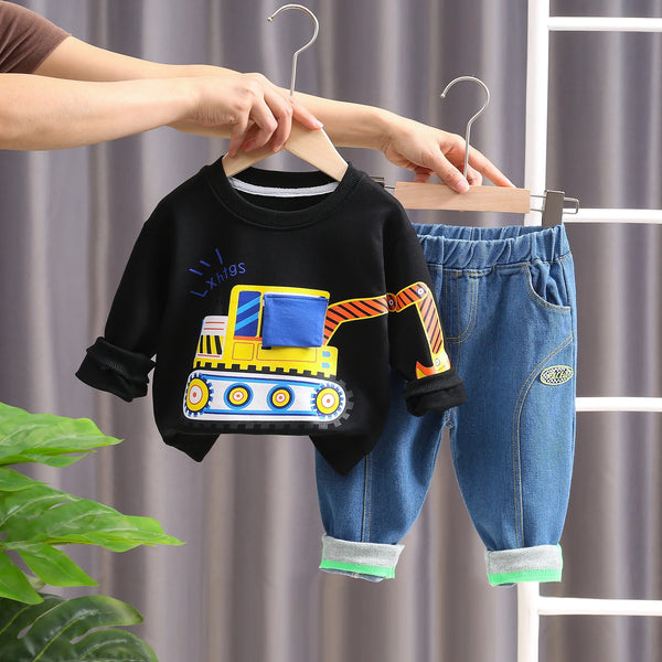 Boys Printed Black T-Shirt And Jeans 2 Pcs Set