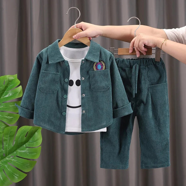 Boys Green Coduroy Co-ord Set With T-shirt