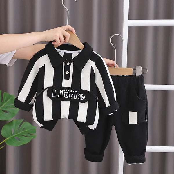 Boys Black Striped Polo T-Shirt And Jogger 2 Pcs Set