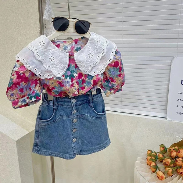 Girls Floral Top With Denim Skirt 2 Pcs Set