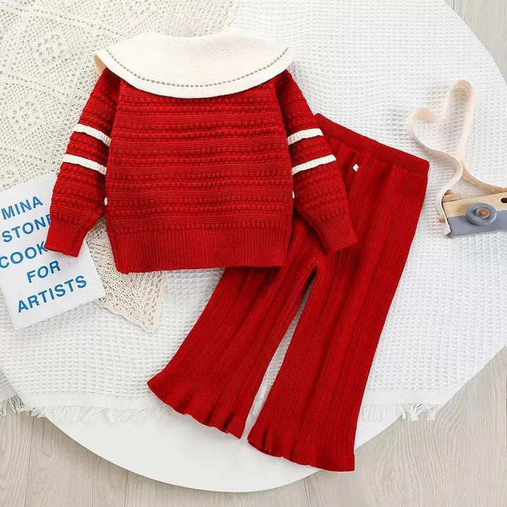 Girls Cherry Red Knit Co-ord Set with Peter Pan Collar TrendyKid