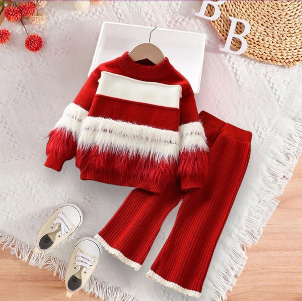 Girls Red and White Fuzzy Striped Sweater and Ribbed Pants Set