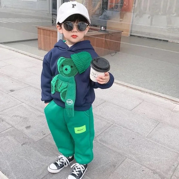 Boys Bear Motif Hoodie Sweatshirt And Joggers 2 Pcs Set