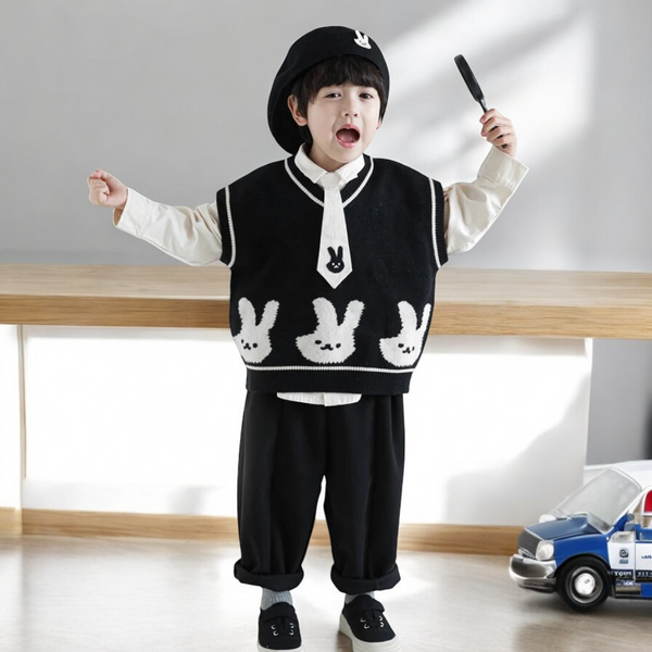 Boys Printed Sweater, Shirt, Jogger And Tie Set