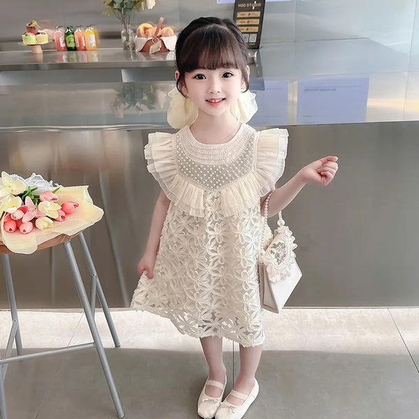 Girls Pearl Embellished Party Lace Dress