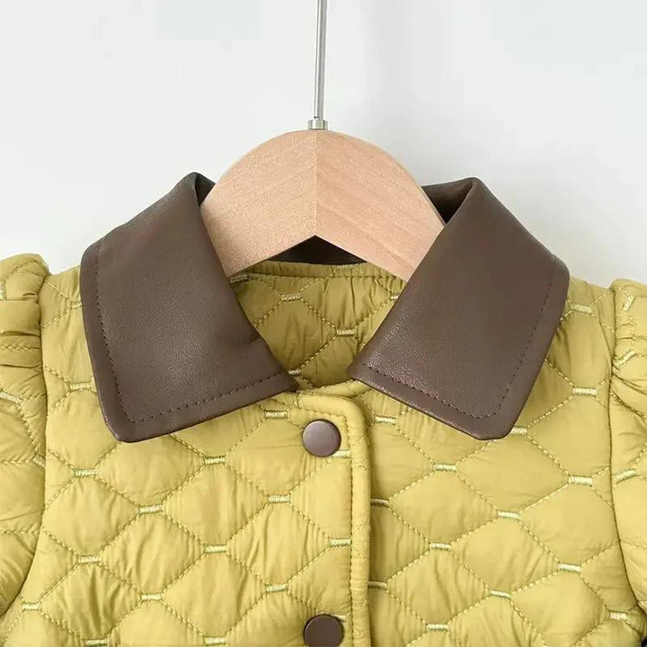 Girls Olive Quilted Winter Coat with Brown Ruffle Belt TrendyKid